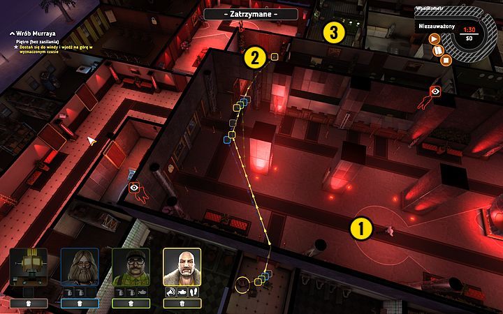 Poczekaj, aż strażnik odejdzie w tamtą stronę (1), i przejdź do pomieszczenia (2) - Misja 11 - T-5000 3F | Opis przejścia misji Crookz - Crookz - poradnik do gry