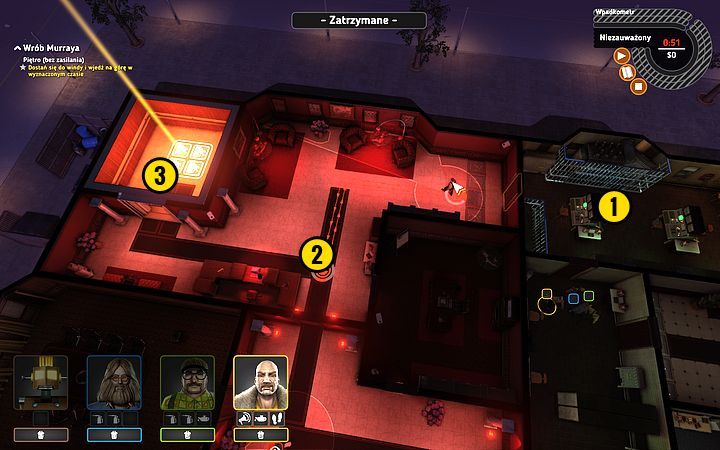 Przejdź do kolejnego pomieszczenia (1) - poczekaj, aż strażnik zacznie się oddalać (2), i omijając zasięg jego wzroku, dojdź do windy (3) - Misja 11 - T-5000 3F | Opis przejścia misji Crookz - Crookz - poradnik do gry