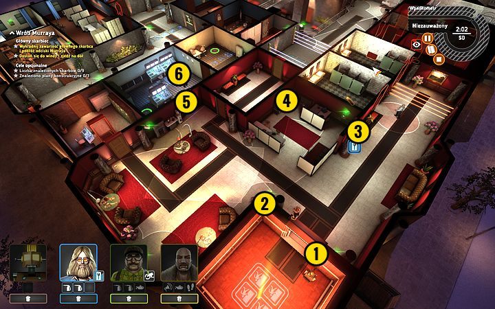 Wyślij Rob-O-Mata, by przełączył przełącznik (1), a Lobkowitza, by wyłączył kamerę (2), zaś Bishopa skieruj do drzwi (3) - Misja 11 - T-5000 3F | Opis przejścia misji Crookz - Crookz - poradnik do gry