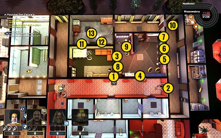 Niech Rob-O-Mat zajmie się przełącznikiem (1), a Cleopatra przebiegnie przez drzwi i przełączy przełącznik (2) - Misja 12 - Szczęśliwe numerki | Opis przejścia misji Crookz - Crookz - poradnik do gry