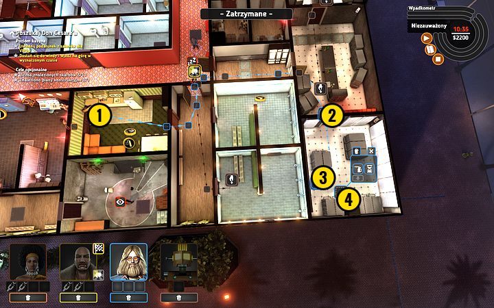 Teraz do akcji wkracza Bishop - podnieś palnik (1), po wyłączeniu terminalu kamer przez Rob-O-Mata otwórz drzwi (2), następnie podnieś plany konstrukcyjne (3), otwórz sejf (4) palnikiem i wróć do reszty ekipy - Misja 12 - Szczęśliwe numerki | Opis przejścia misji Crookz - Crookz - poradnik do gry