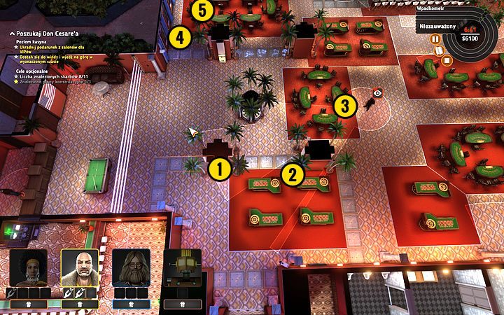 Przełącz przełącznik Rufusem (1) i schowaj się za filarem (2) - Misja 12 - Szczęśliwe numerki | Opis przejścia misji Crookz - Crookz - poradnik do gry