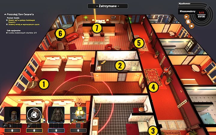 Podnieś Rufusem bloker drzwi (1), a Cleopatrą wejdź do łazienki (2), z kolei Rufusa wróć pod drzwi (3) - Misja 12 - Szczęśliwe numerki | Opis przejścia misji Crookz - Crookz - poradnik do gry