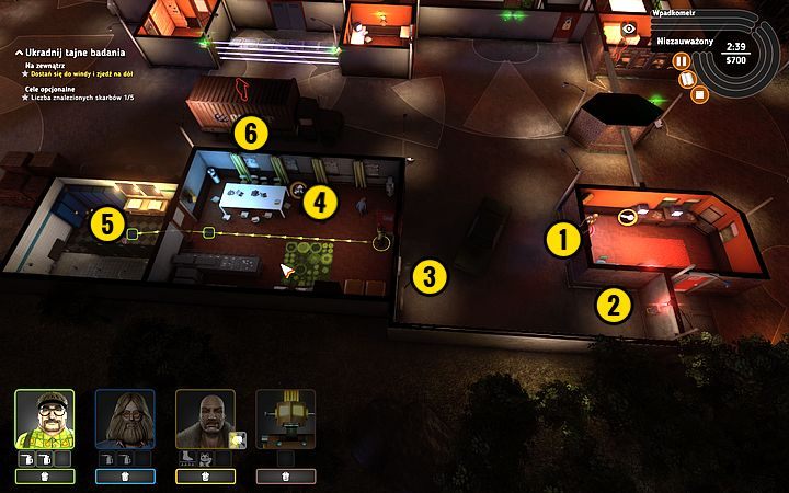 Wyślij Bishopa, by otworzył drzwi (1), z kolei Lobkowitzem podnieś łup (2) - Misja 13 - Tajemnica karty perforowanej | Opis przejścia misji Crookz - Crookz - poradnik do gry