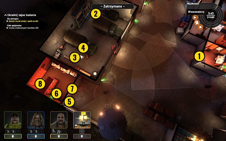 Po udaniu się strażnika w prawo wyślij Bishopa, by otworzył drzwi (1) - Misja 13 - Tajemnica karty perforowanej | Opis przejścia misji Crookz - Crookz - poradnik do gry