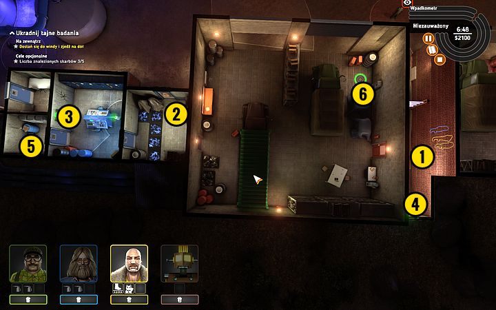 Wybij dziurę w ścianie (1), potem przetransportuj ekipę do tego pokoju (2) - Misja 13 - Tajemnica karty perforowanej | Opis przejścia misji Crookz - Crookz - poradnik do gry