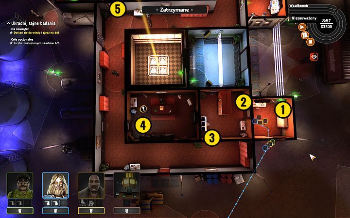 Doprowadź całą ekipę do otwartego uprzednio pokoju - tam przełącz terminal kamery (1) - Misja 13 - Tajemnica karty perforowanej | Opis przejścia misji Crookz - Crookz - poradnik do gry