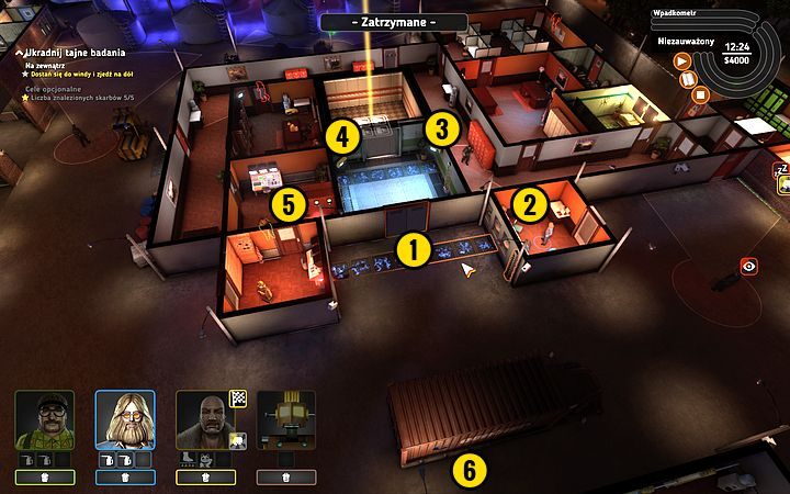 Podjedź Rob-O-Matem w to miejsce (1), a Bishopem przełącz przełącznik (2) - Misja 13 - Tajemnica karty perforowanej | Opis przejścia misji Crookz - Crookz - poradnik do gry