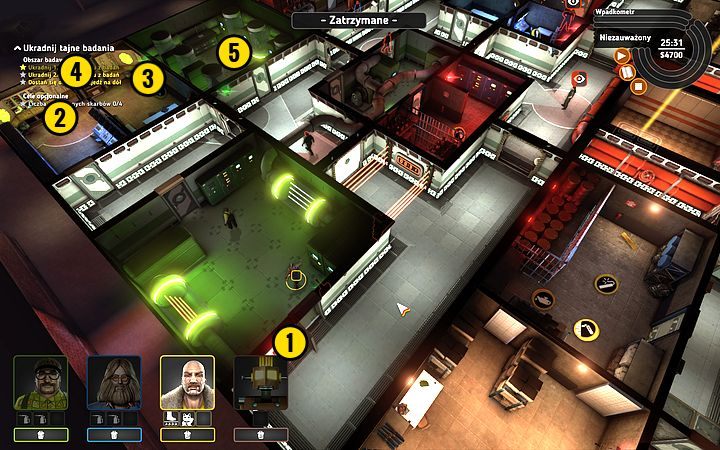 Przejdź w lewo, pociągnij za ciężki przełącznik (1) i wejdź do kolejnego pomieszczenia - Misja 13 - Tajemnica karty perforowanej | Opis przejścia misji Crookz - Crookz - poradnik do gry