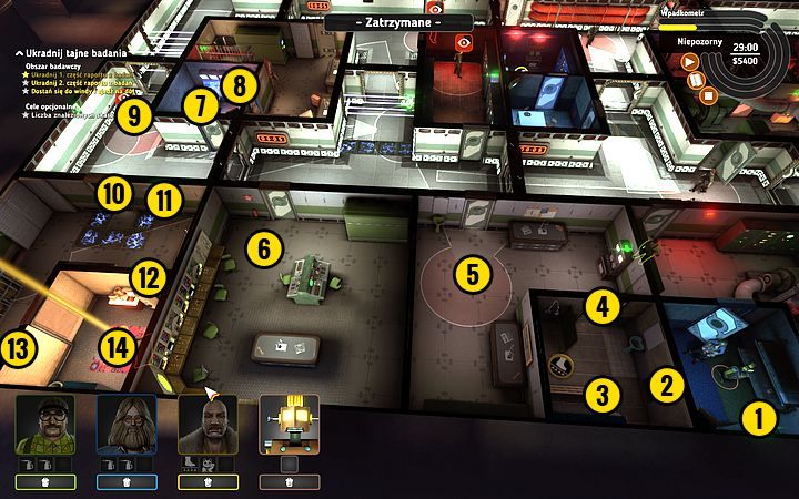 Przełącz terminal kamery (1) i rozbij ścianę (2) - Misja 13 - Tajemnica karty perforowanej | Opis przejścia misji Crookz - Crookz - poradnik do gry