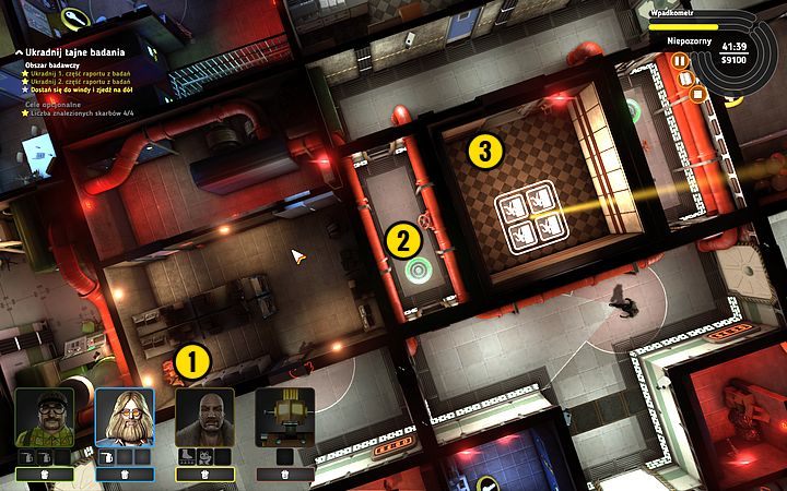 Przejdź do pokoju i schowaj się w rogu (1), oczekując na dogodną sposobność do przetransportowania się na korytarz (2) - Misja 13 - Tajemnica karty perforowanej | Opis przejścia misji Crookz - Crookz - poradnik do gry