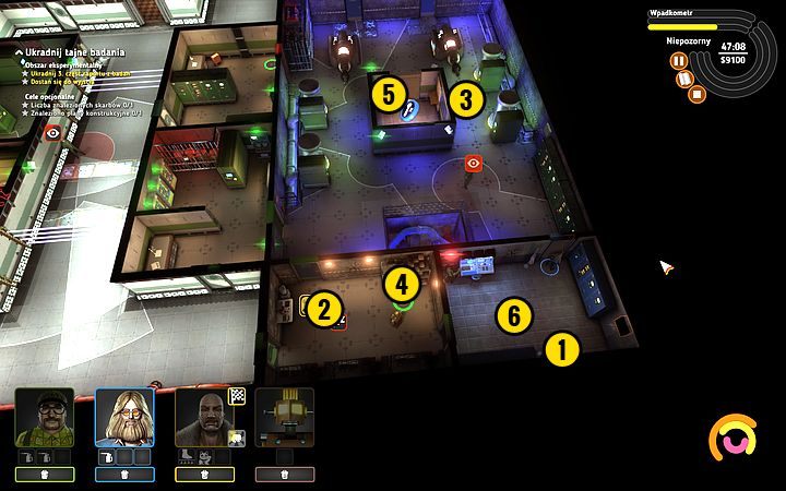 Przełącz terminal kamery (1) i pobij strażnika (2) - Misja 13 - Tajemnica karty perforowanej | Opis przejścia misji Crookz - Crookz - poradnik do gry