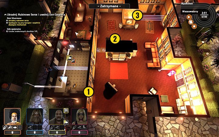 Prześlizgnij się przez bariery, otwórz drzwi za pomocą stalowego klucza (1), przełącz przełącznik (2) i kolejny (3) - Misja 14 - Drogocenne serce | Opis przejścia misji Crookz - Crookz - poradnik do gry