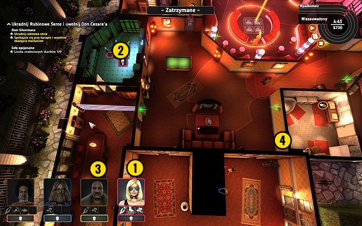 Skieruj się Rocket przejściem (1) do pomieszczenia z łupem (2) - Misja 14 - Drogocenne serce | Opis przejścia misji Crookz - Crookz - poradnik do gry