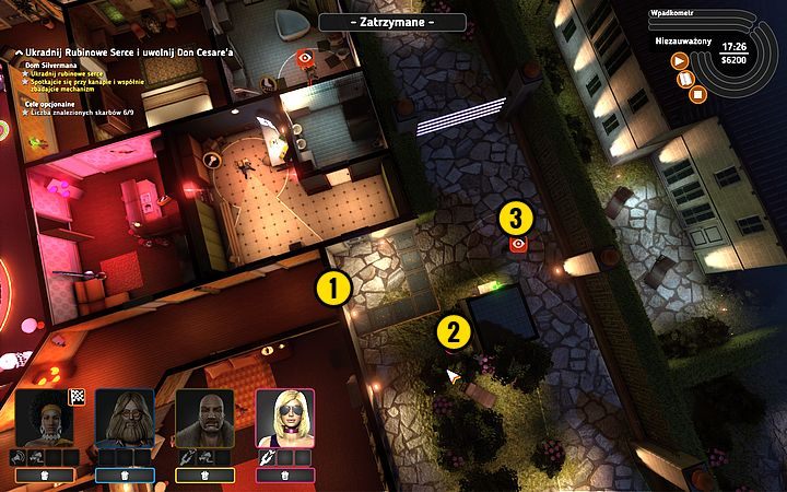 Wyjdź przez drzwi Rocket (1), stań za filarem (2) i poczekaj w tym miejscu, aż strażnik odejdzie (3) - Misja 14 - Drogocenne serce | Opis przejścia misji Crookz - Crookz - poradnik do gry