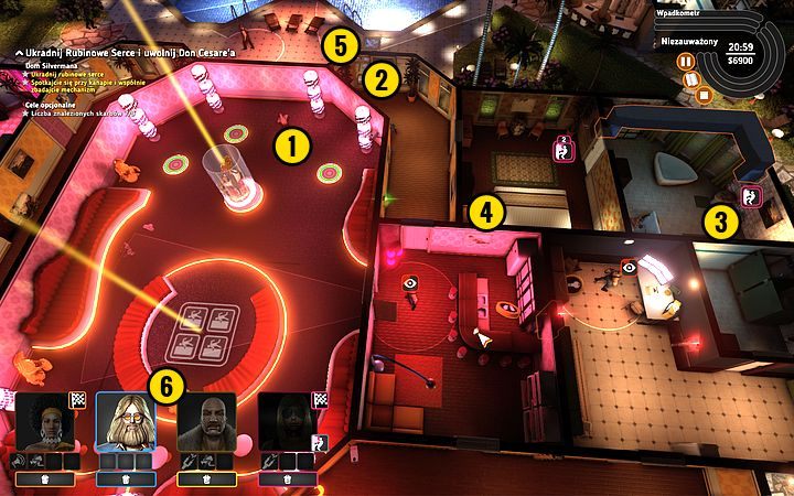 Zaprowadź Rufusa na jeden z paneli (1), a Bishopem otwórz drzwi (2) i również wróć do paneli (1) - Misja 14 - Drogocenne serce | Opis przejścia misji Crookz - Crookz - poradnik do gry