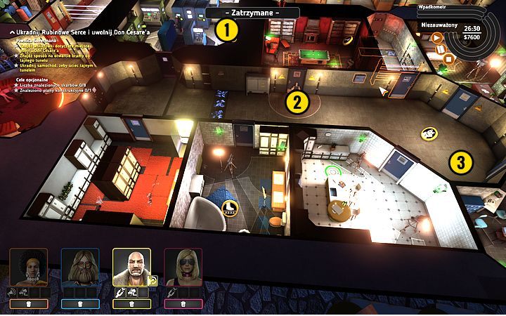 Wyjdź Rufusem przez drzwi i śledząc strażnika, pociągnij za ciężki przełącznik (1) - Misja 14 - Drogocenne serce | Opis przejścia misji Crookz - Crookz - poradnik do gry