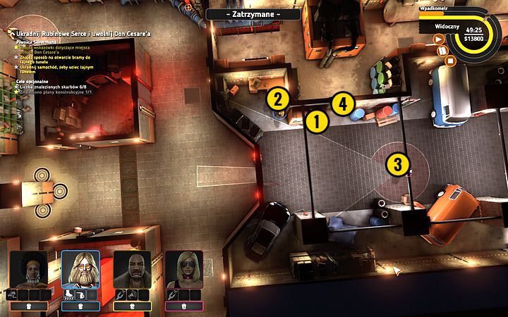 Omijając zasięg wzroku strażnika, przejdź przez przejście i pociągnij za przełącznik odblokowania (1) - Misja 14 - Drogocenne serce | Opis przejścia misji Crookz - Crookz - poradnik do gry