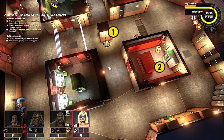 W międzyczasie zaprowadź Rocket pod filar (1), następnie przejdź do komórki i podnieś łup (2) - Misja 14 - Drogocenne serce | Opis przejścia misji Crookz - Crookz - poradnik do gry