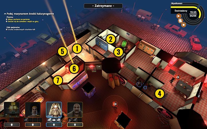 Wyślij Bishopa i Rufusa do windy (1), przy okazji zabierając po drodze łup (2) i przełączając przełącznik (3) Cleopatrą - Misja 15 - Tańcz, marynarzu, tańcz! | Opis przejścia misji Crookz - Crookz - poradnik do gry