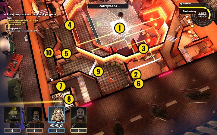 Stań na panelu (1) i wyłącz barierki, po czym zejdź z panelu - Misja 15 - Tańcz, marynarzu, tańcz! | Opis przejścia misji Crookz - Crookz - poradnik do gry