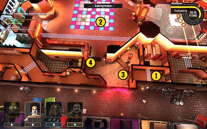 Stań za barierkami (1), a na panelu Rob-O-Matem (2) - Misja 15 - Tańcz, marynarzu, tańcz! | Opis przejścia misji Crookz - Crookz - poradnik do gry