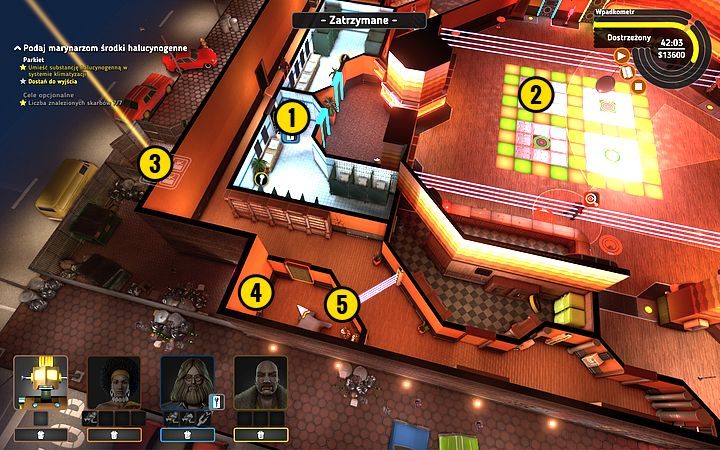 Gdy strażnicy przejdą na prawą stronę, szybko biegnij całą trójką w kierunku drzwi (1), które otwórz Rob-O-Matem, stając na panelu (2) - Misja 15 - Tańcz, marynarzu, tańcz! | Opis przejścia misji Crookz - Crookz - poradnik do gry