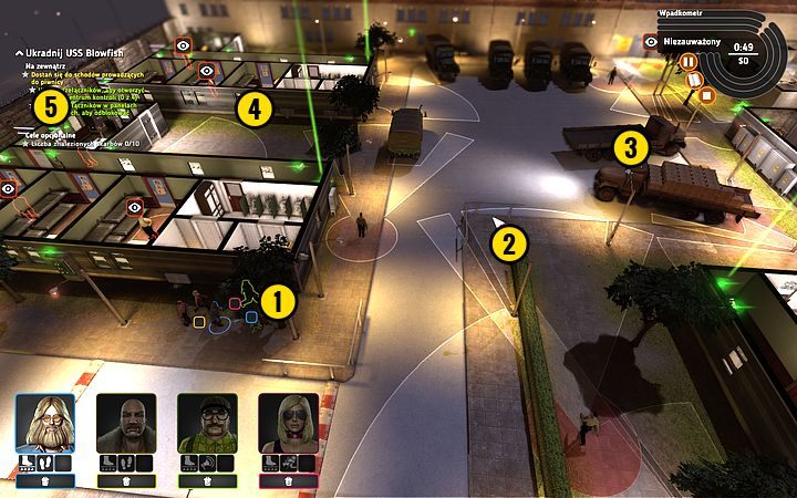 Przejdź w to miejsce (1), a następnie, omijając barierkę od tej strony (2), skieruj się za ciężarówkę (3), potem, blisko przy ścianie (4), omijając zasięg widzenia kamer, przejdź na tyły domu (5) - Misja 16 - Kryptonim Blowfish | Opis przejścia misji Crookz - Crookz - poradnik do gry