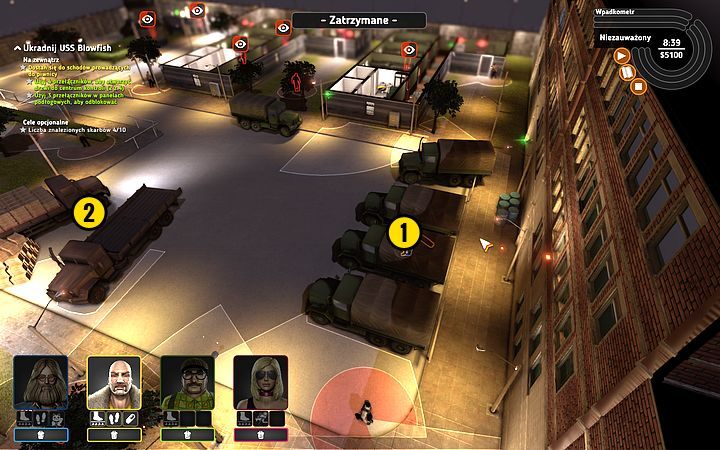 Doprowadź Rufusa i Bishopa za ciężarówki (1), a następnie za przyczepę (2) - Misja 16 - Kryptonim Blowfish | Opis przejścia misji Crookz - Crookz - poradnik do gry