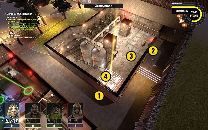 Kiedy strażnicy odejdą, wyjdź całą trójką i omijając strażników, stań przy ścianie (1) - Misja 16 - Kryptonim Blowfish | Opis przejścia misji Crookz - Crookz - poradnik do gry