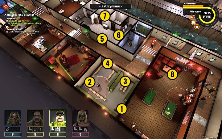 Wejdź do szatni, otwórz drzwi (1), podnieś emiter sygnału (2) i schowaj się w kącie (3) - Misja 16 - Kryptonim Blowfish | Opis przejścia misji Crookz - Crookz - poradnik do gry