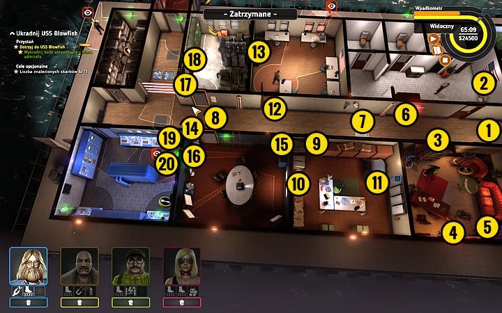 Zaprowadź całą ekipę do łazienki, zabierając po drodze gumowe obuwie (1) - Misja 16 - Kryptonim Blowfish | Opis przejścia misji Crookz - Crookz - poradnik do gry