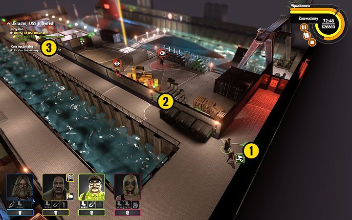 Wyłącz kamerę (1), następnie kolejną (2) i przejdź przez otwór wentylacyjny (3) - Misja 16 - Kryptonim Blowfish | Opis przejścia misji Crookz - Crookz - poradnik do gry