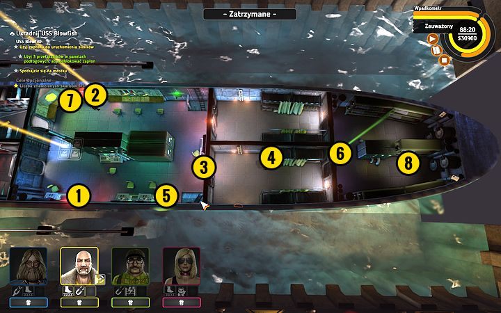 Przełącz rozdzielnicę (1) i terminal kamer (2) - Misja 16 - Kryptonim Blowfish | Opis przejścia misji Crookz - Crookz - poradnik do gry