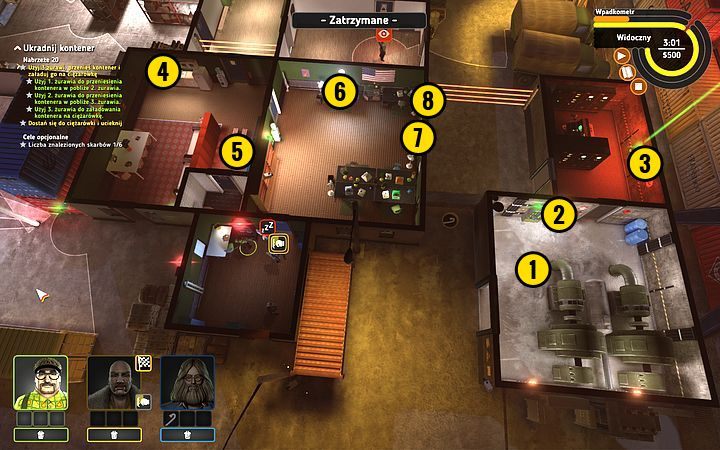 Wyślij Lobkowitza do pomieszczenia z napędem (1) i przełącznikiem (2) otwórz drzwi - Misja 4 - Trójręki bandyta | Opis przejścia misji Crookz - Crookz - poradnik do gry
