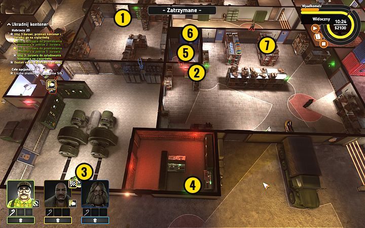W momencie gdy strażnik przesuwa się w kierunku przejścia zabezpieczonego laserem (1), wyślij Lobkowitza do rozdzielnicy (2) - Misja 4 - Trójręki bandyta | Opis przejścia misji Crookz - Crookz - poradnik do gry