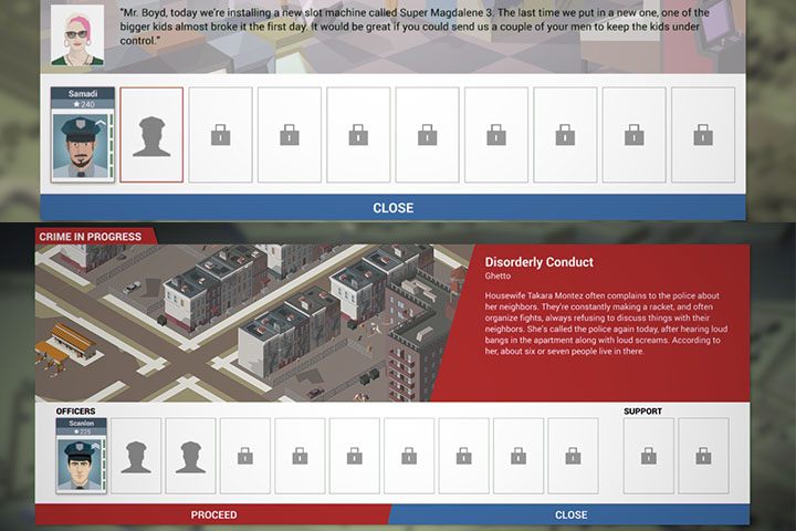 Na zdarzeniu powyżej jedno miejsce świeci jeszcze na czerwono - potrzeba nam dodatkowego człowieka. Na drugim, choć możemy wysłać 3 poclicjantów, zdecydowaliśmy wysłać tylko jednego. - Porady ogólne i podstawy rozgrywki | Podstawy This is the Police - This is the Police - poradnik do gry