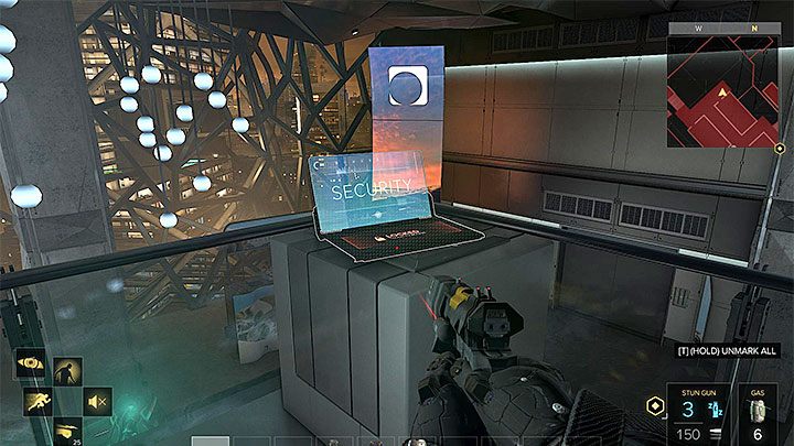 Możesz wyłączyć wieżyczkę przy windzie lub przeprogramować ją żeby zabiła wrogów - Chroniąc przyszłość - zadanie główne | Centrum konferencyjne Apex Centre - Deus Ex: Rozłam Ludzkości - poradnik do gry