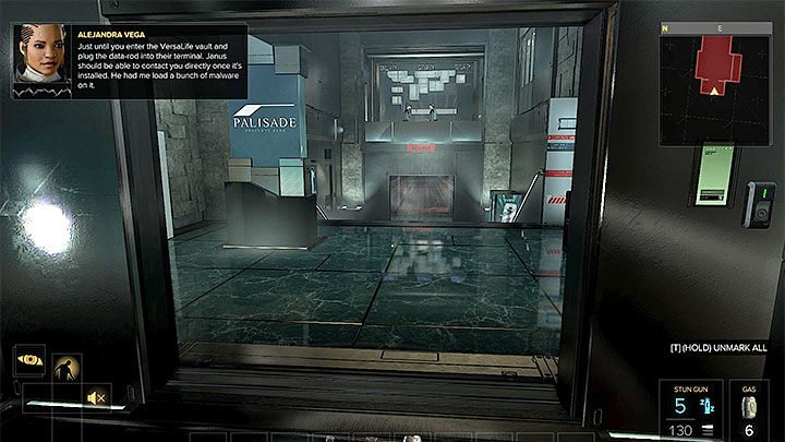 Winda zawiezie Cię na poziom 1 tylko jeśli przygotowałeś sobie w queście Napad kartę dostępu - Mapa banku Palisade Property - M12 | Praga - Mapy | Deus Ex Rozłam Ludzkości - Deus Ex: Rozłam Ludzkości - poradnik do gry