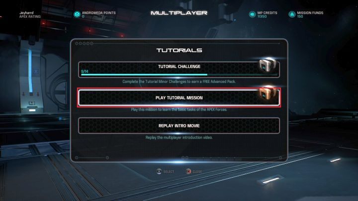 Okno wyboru misji szkoleniowej APEX. - APEX | Osiągnięcia Mass Effect Andromeda - Mass Effect: Andromeda - poradnik do gry