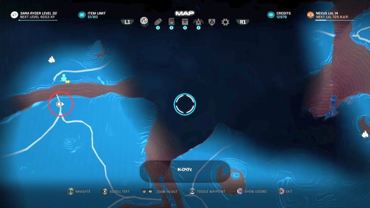 Na czerwono oznaczony jest punkt startowy, na niebiesko kierunek, w którym należy się udać. - W zawieszeniu (Hang Time) | Osiągnięcia Mass Effect Andromeda - Mass Effect: Andromeda - poradnik do gry