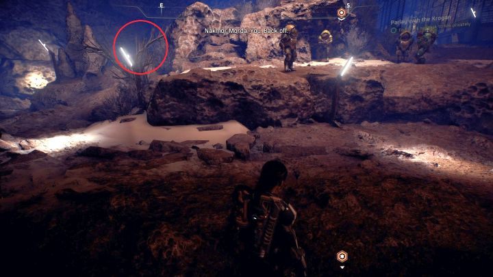 Zaznaczone na obrazku przejście do Ravanora Brenka. - Negocjuj z kroganinami | Elaaden | Zadania w Helejosie w Mass Effect Andromeda - Mass Effect: Andromeda - poradnik do gry