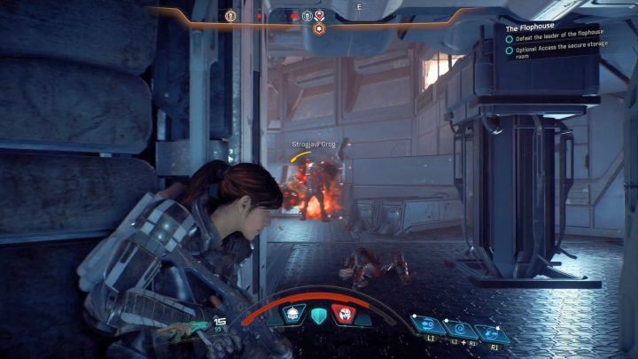 Strogjaw Grog to tutejszy dowódca, a zarazem mini-boss. - Noclegownia | Elaaden | Zadania w Helejosie w Mass Effect Andromeda - Mass Effect: Andromeda - poradnik do gry