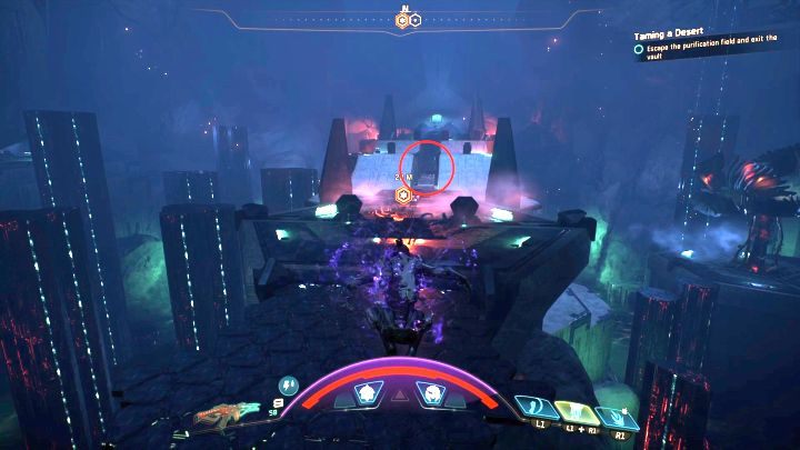 Czerwone oznaczenie wskazuje lokalizację ukrytej skrzynki. - Oswajanie pustyni | Elaaden | Zadania w Helejosie w Mass Effect Andromeda - Mass Effect: Andromeda - poradnik do gry