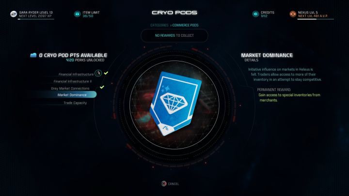 Okno zdatności Andromedy, z poziomu którego wykorzystać można kapsuły kriogeniczne. - Jak zdobyć Kapsuły Kriogeniczne w Mass Effect Andromeda? | FAQ - Mass Effect: Andromeda - poradnik do gry