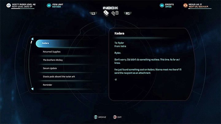 E-mail od Vetry - Vetra Nyx: Chwila na planecie | Sojusznicy i związki w Mass Effect Andromeda - Mass Effect: Andromeda - poradnik do gry