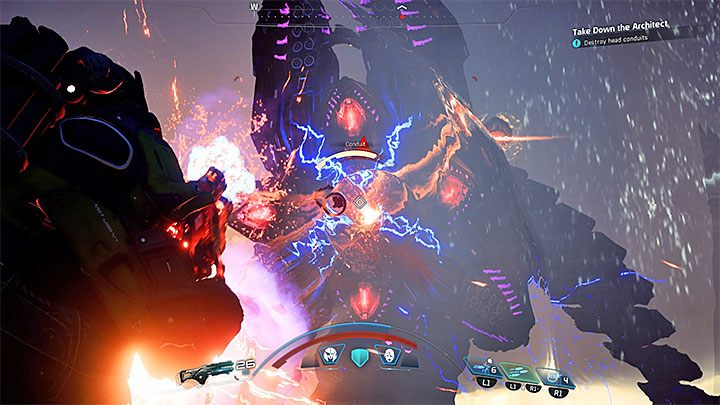 Osłabiaj przewody na głowie Architekta gdy tylko stanie się to możliwe - Pokonaj Architekta Kadara | Kadara | Zadania w Helejosie w Mass Effect Andromeda - Mass Effect: Andromeda - poradnik do gry