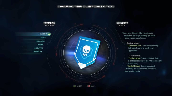 Wybór Ochrony (Security) jako treningu dla postaci. - Ochrona (Security) w Mass Effect Andromeda | Bohater - Mass Effect: Andromeda - poradnik do gry