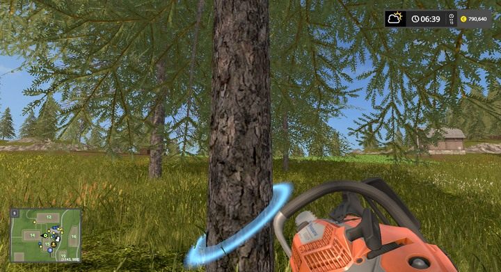 Staraj się ciąć pod kątem - inaczej drzewo może być ucięte, ale nie zawsze przewróci się - Bele i kłody w Farming Simulator 17 | Podstawy leśnictwa - Farming Simulator 17 - poradnik do gry