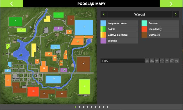 Stan rozwoju jak i nawiezienia pola możesz podejrzeć w kolejnych zakładkach mapy obszaru - Nawozy i poprawa plonów w Farming Simulator 17 | Informacje o uprawach - Farming Simulator 17 - poradnik do gry